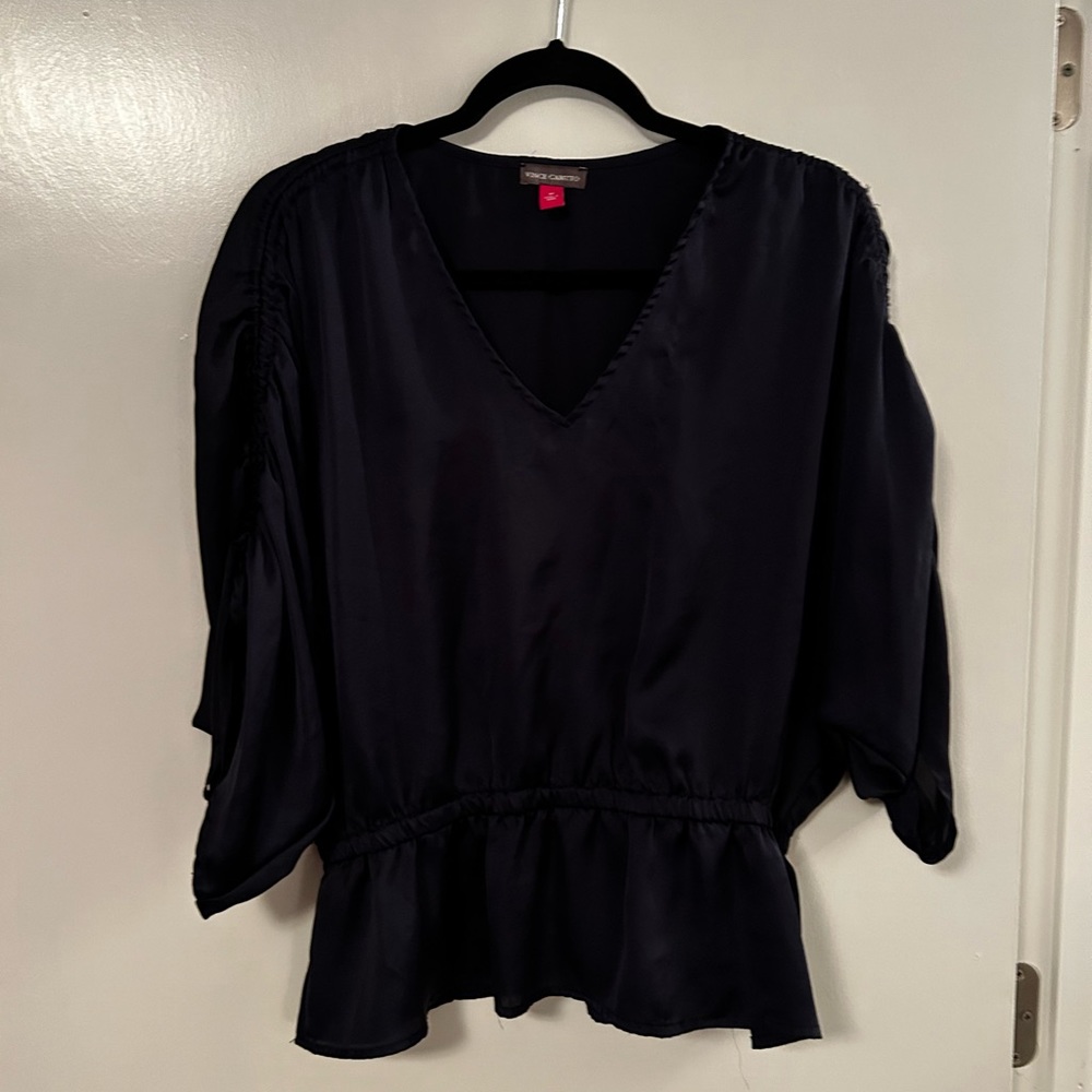Navy blue Vince Camuto v-neck blouse with tie details, size medium